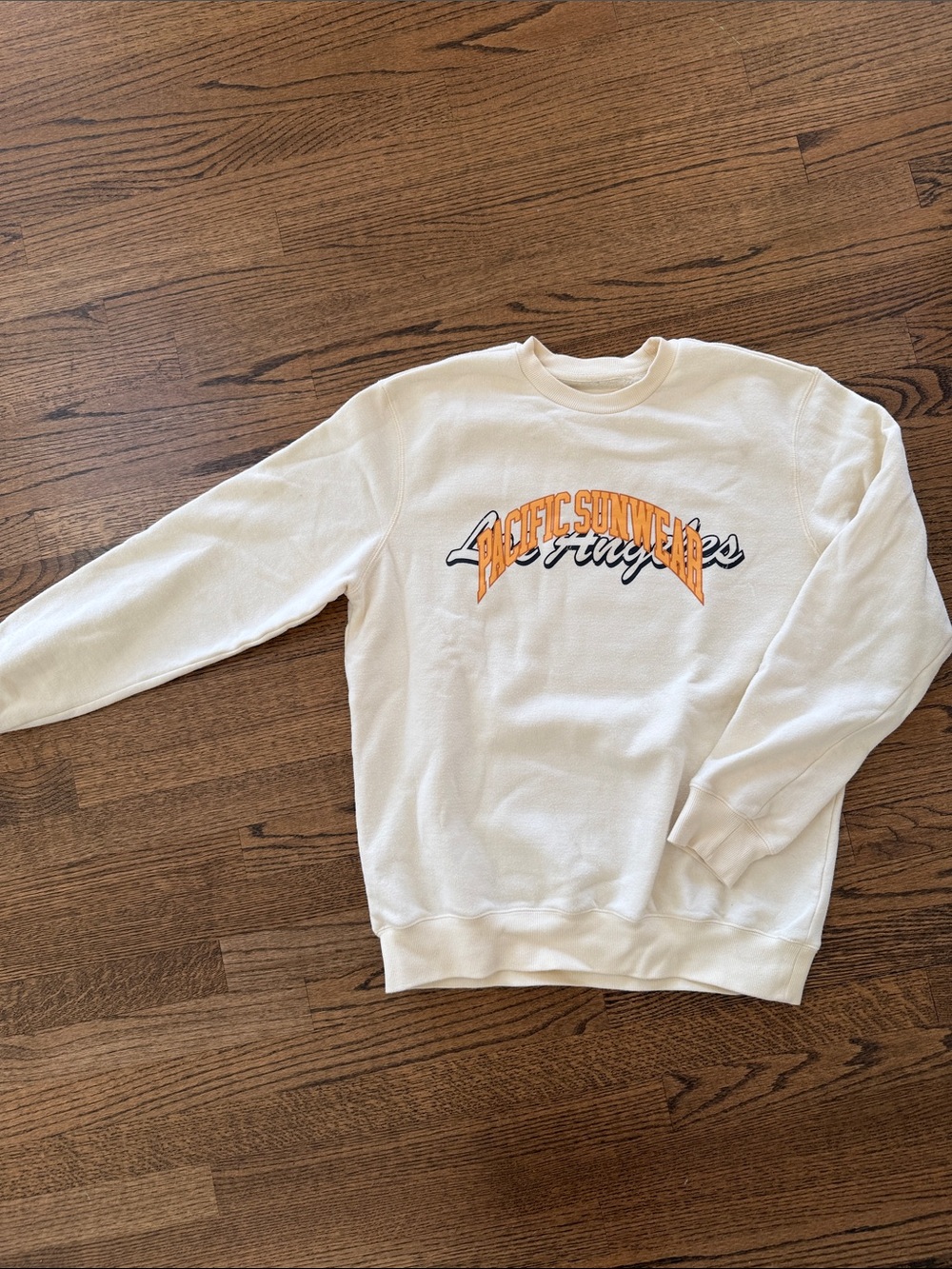 Pacific Sunwear Cream Crew Sweatshirt with Orange Logo Script